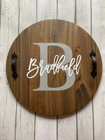 Personalized Wood Tray, Family Name Tray,  Wedding Gift, Realtor Gift, Round Family Name Tray